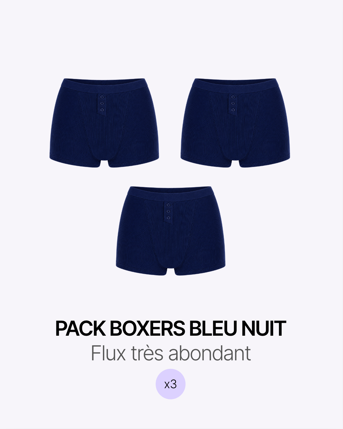 Pack menstruel trio boxers côtelés bleu nuit