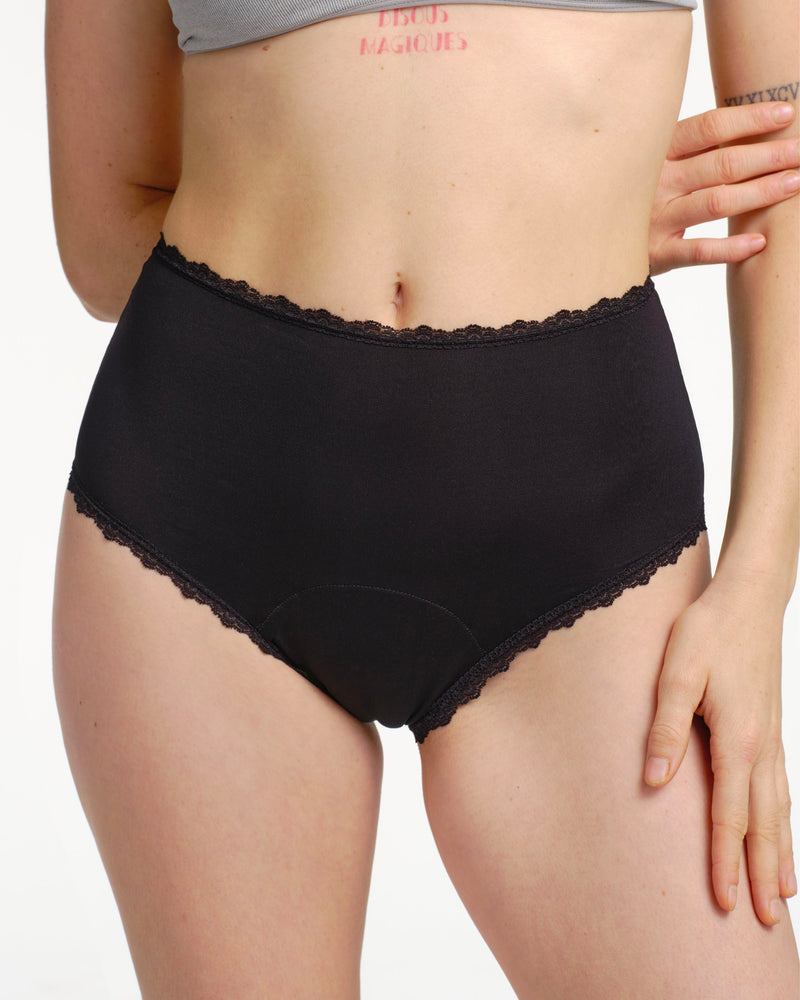 Taille haute menstruelle noire en dentelle