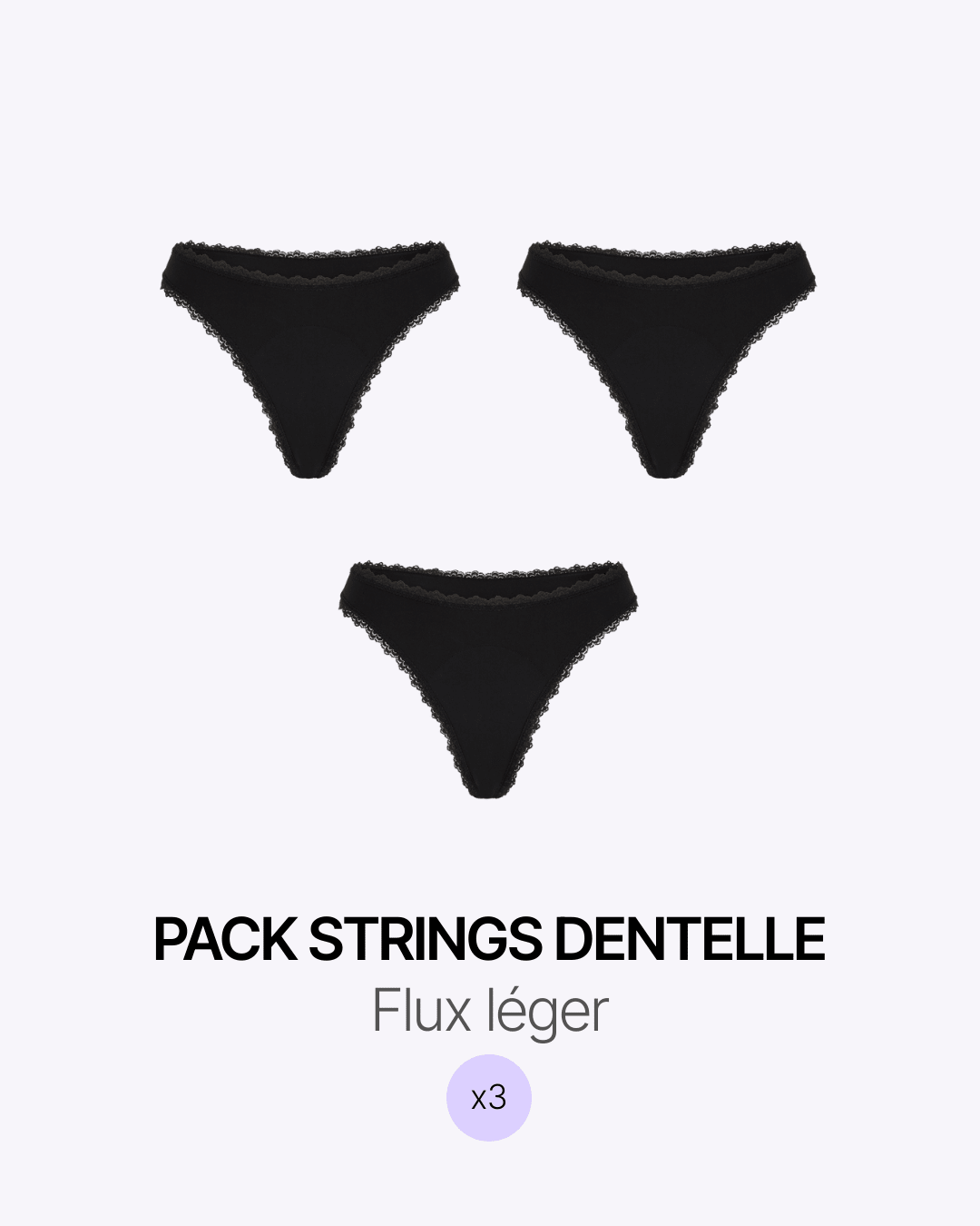 Pack menstruel trio strings noirs en dentelle - Moodz.co